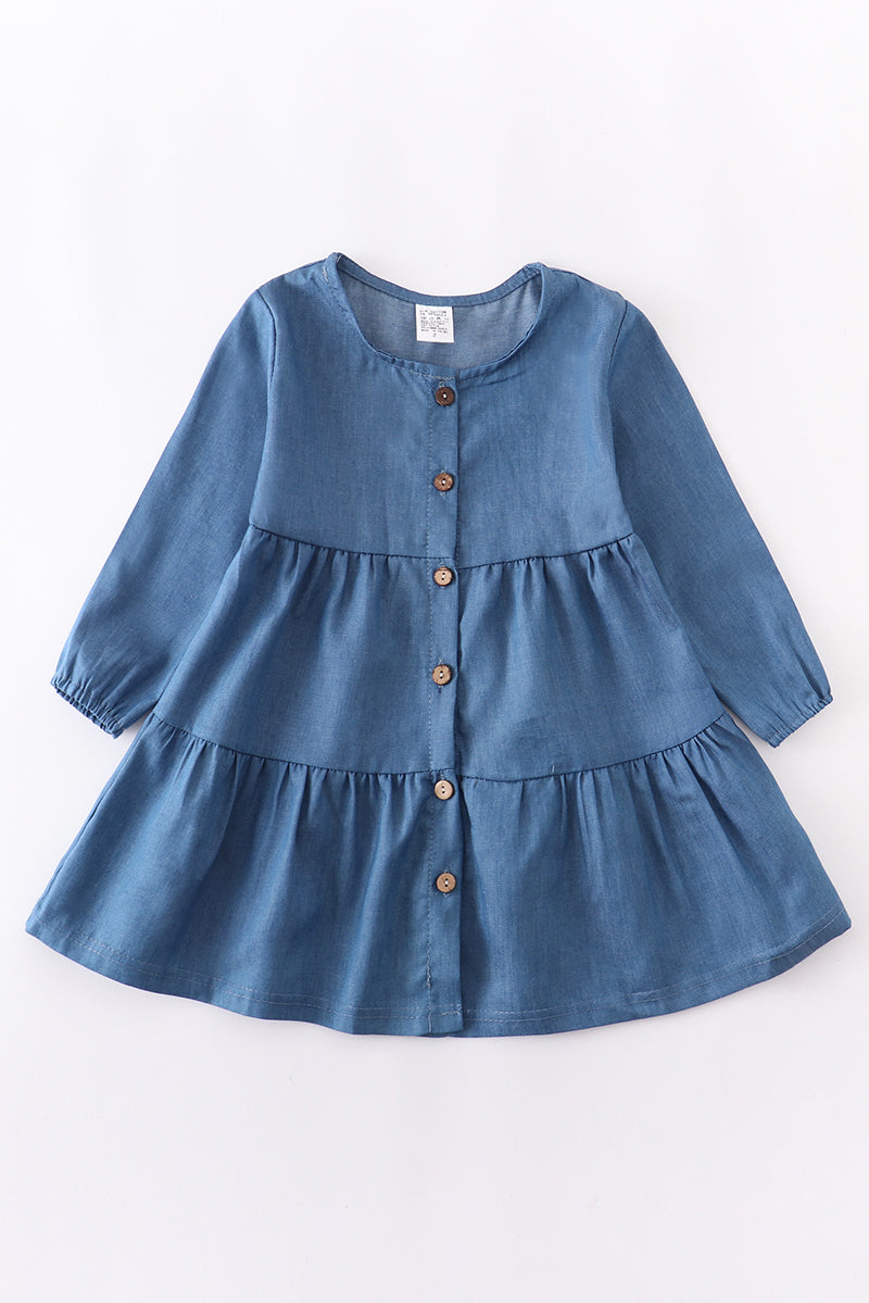 Medium blue button down ruffle dress