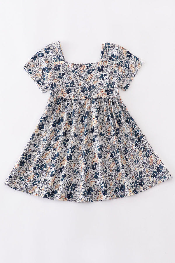 Blue floral square neck twirl dress