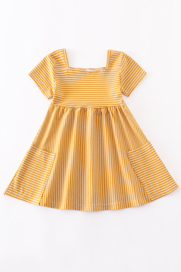 Mustard stripe square neck twirl dress