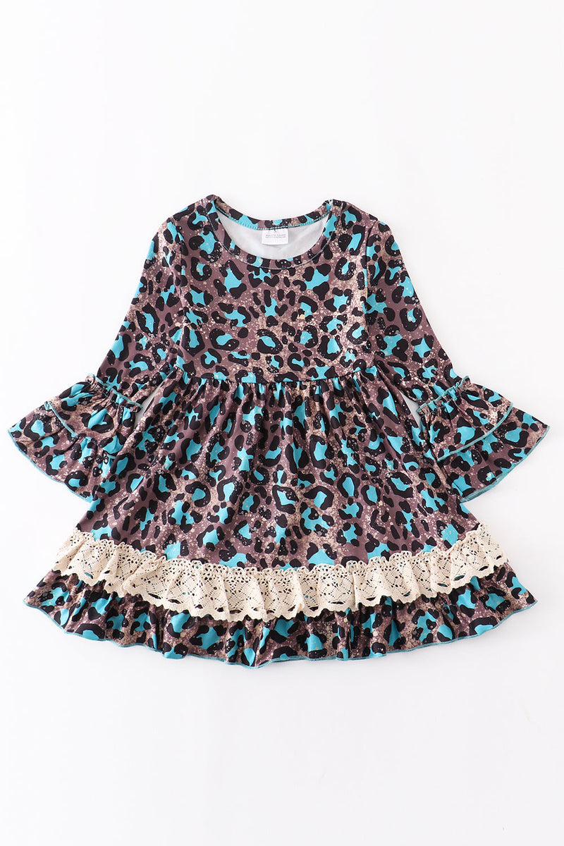 Blue leopard print ruffle dress