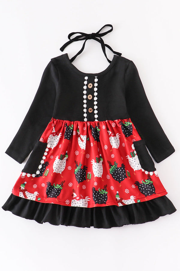 Black farm hen print dress