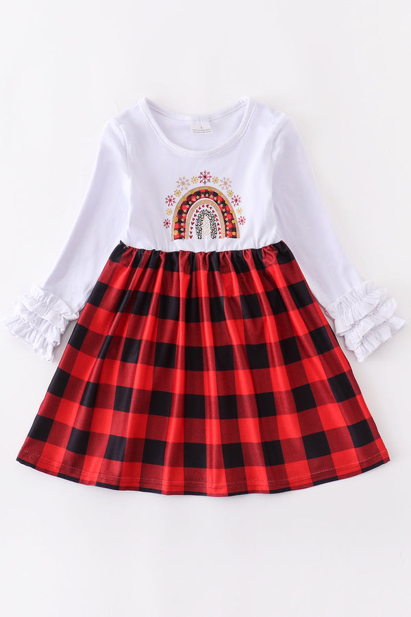 Rainbow snowflake red plaid ruffle dress