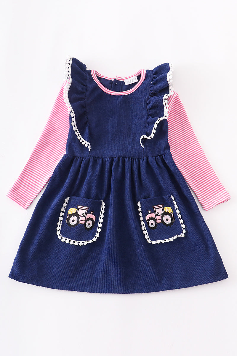 Navy tractor applique dress