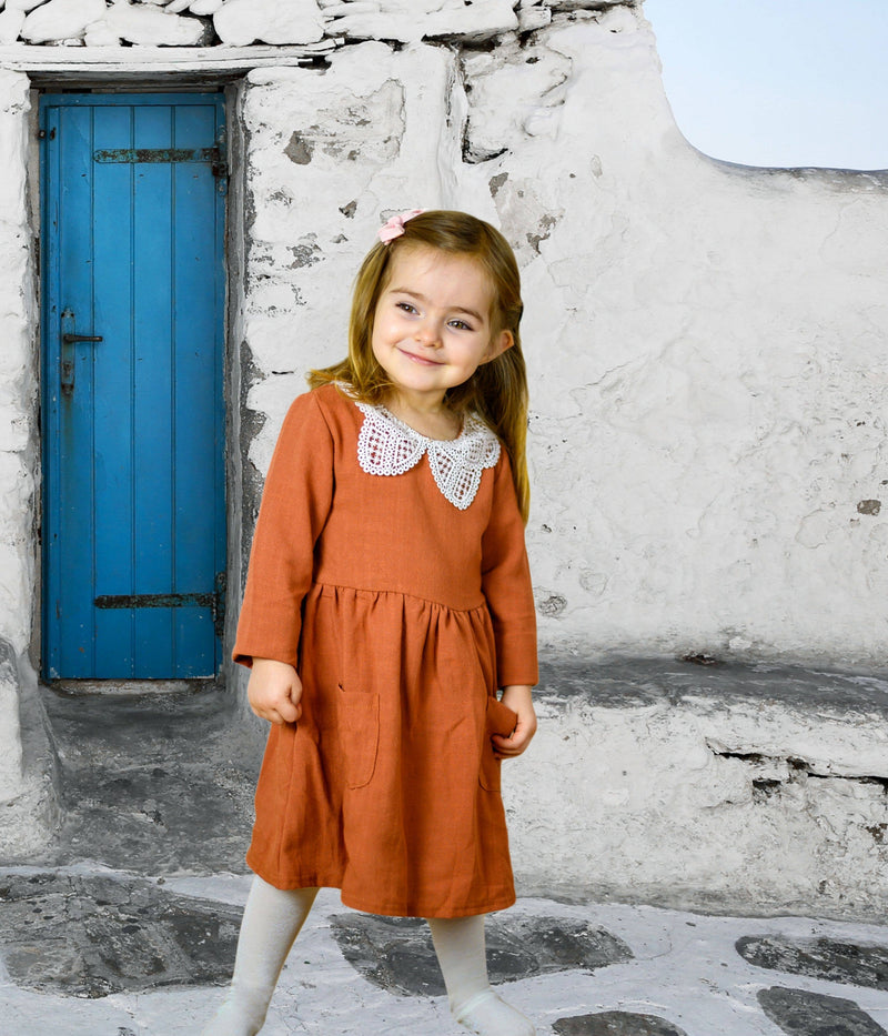 Caramel linen scalloped collar dressHeart