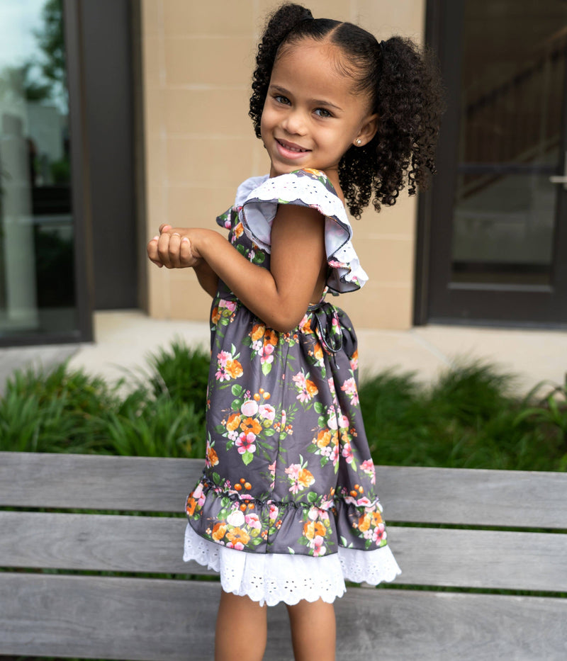 Gray Floral cross Back Dress with LaceHeart