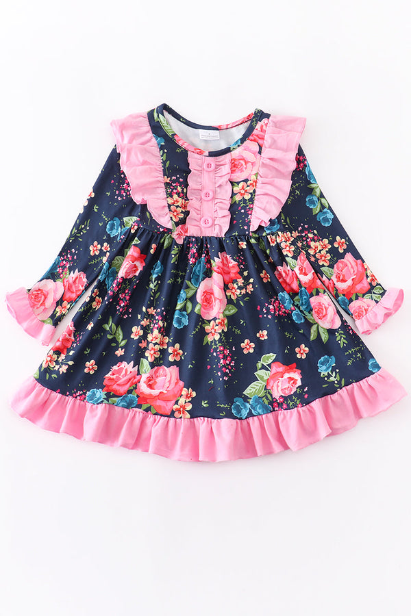 Navy floral ruffle dress