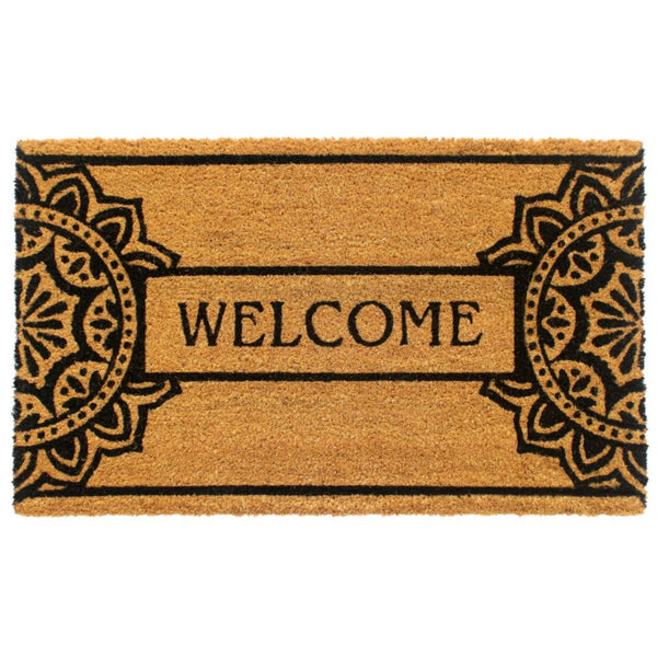 RugSmith Black Mandala Welcome Coir Doormat, 18" x 30"Heart