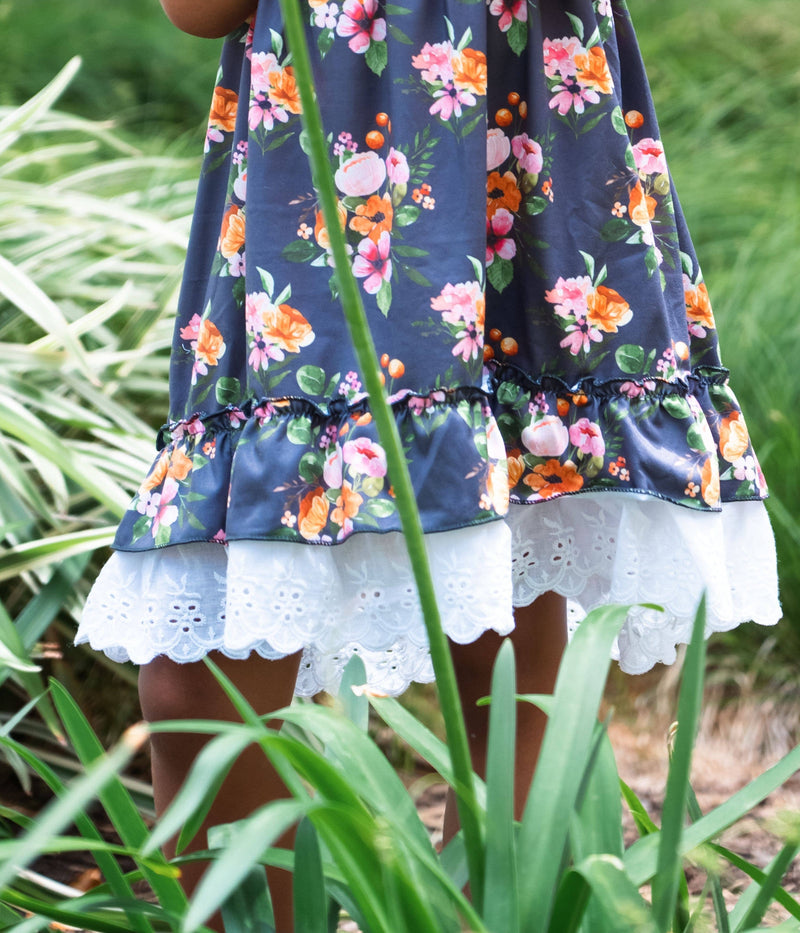 Gray Floral cross Back Dress with LaceHeart