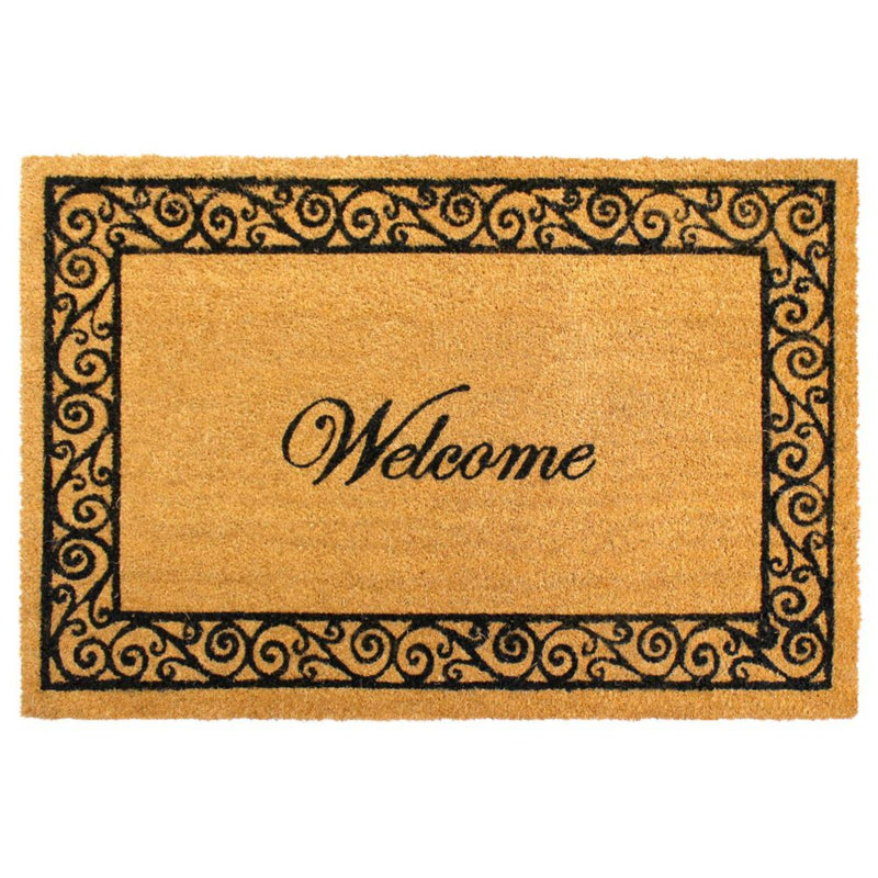 RugSmith Natural Scroll Border Welcome Coir Doormat, 24"x36"Heart