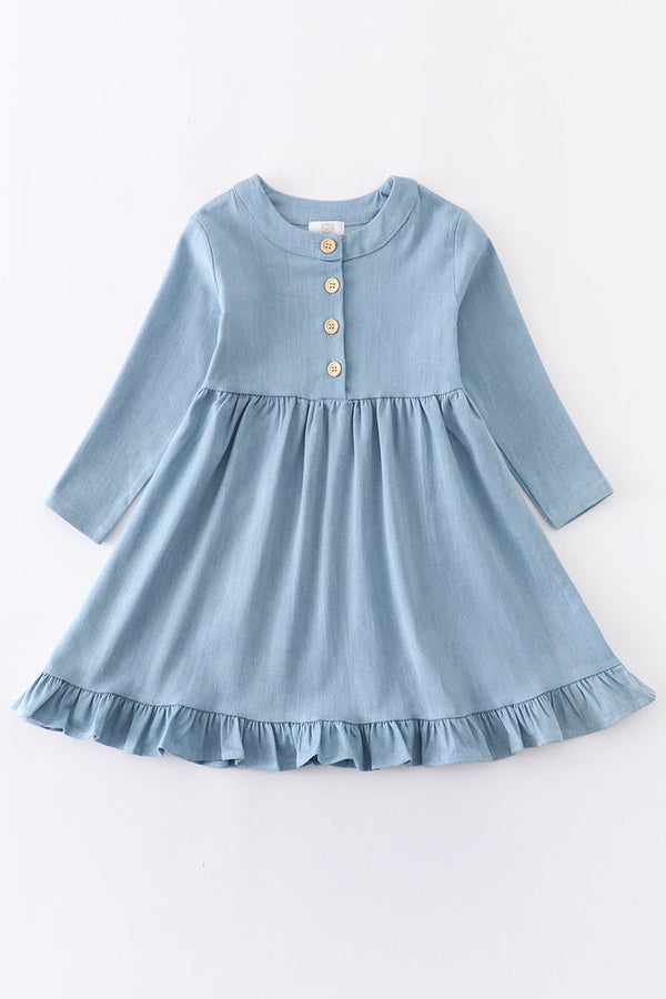 Denim button ruffle dress tencel