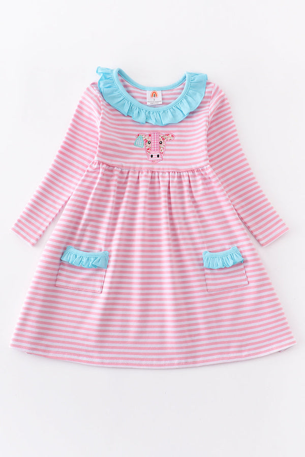 Pink stripe cow applique dress