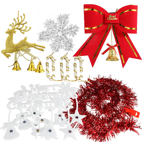 1 Set Christmas Xmas Bowknot Ribbon Snowflake Walking Stick Deer Jingle Hanging Decor Kit - Combination 1