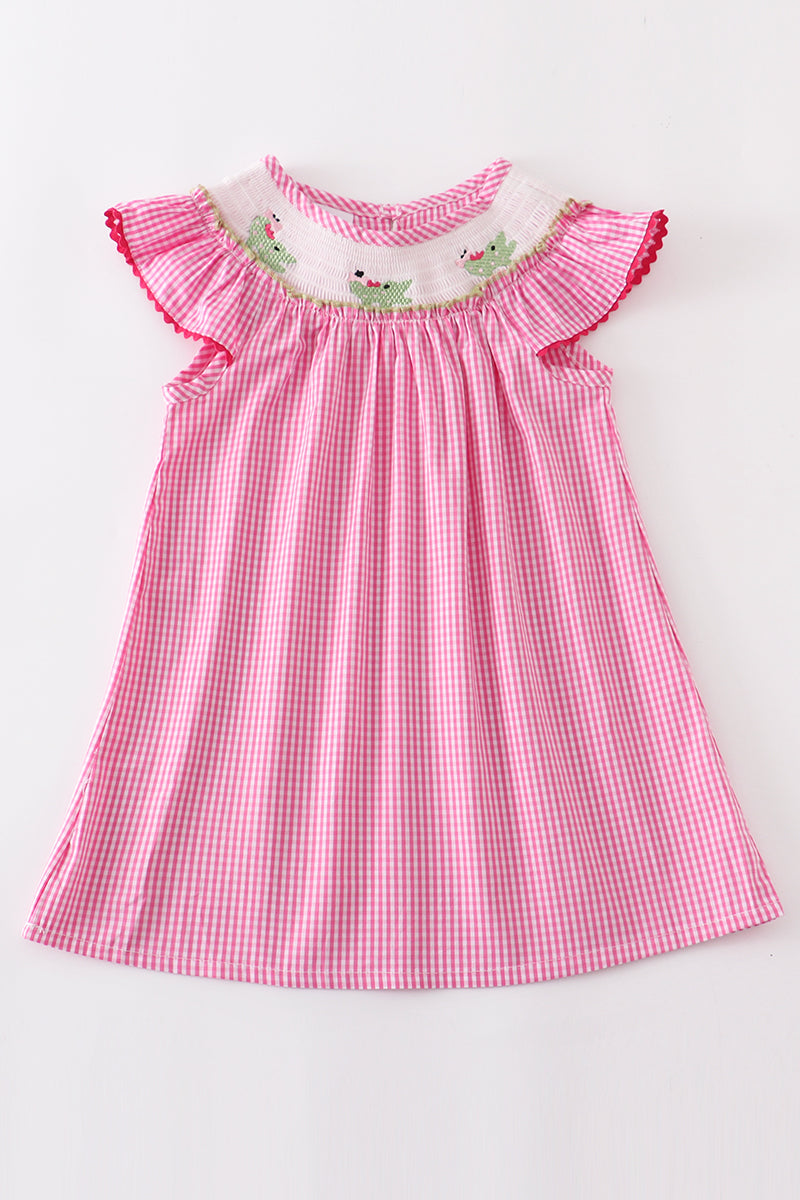 Pink crocodile smocked ruffle dress