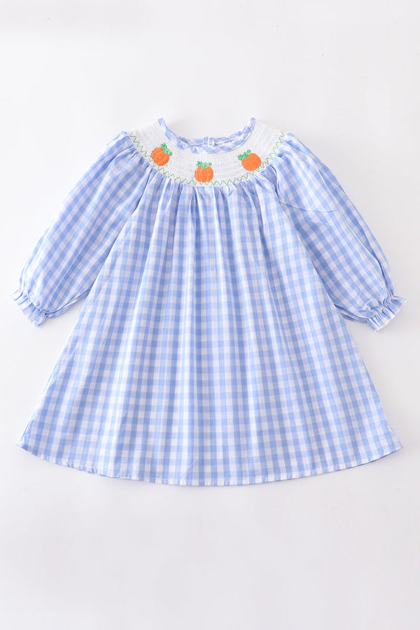 Halloween blue plaid pumpkin  smocked dress