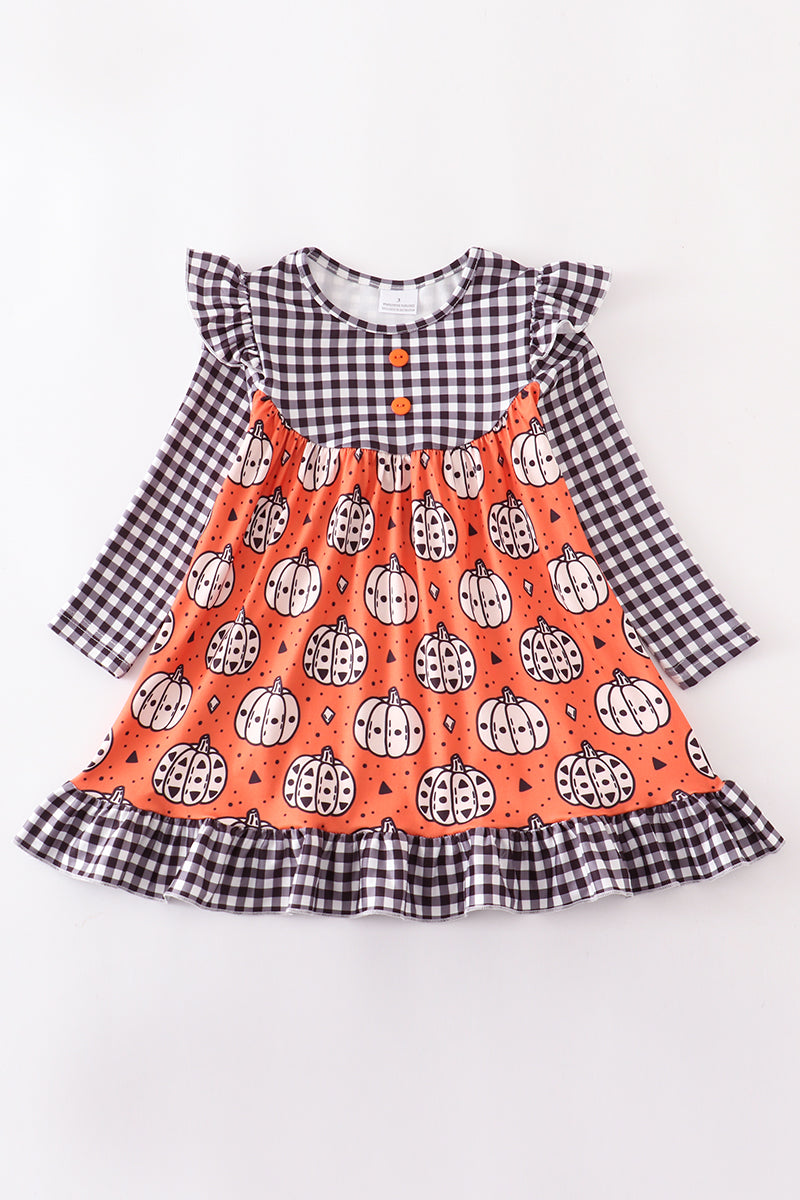 Halloween pumpkin plaid ruffle dress