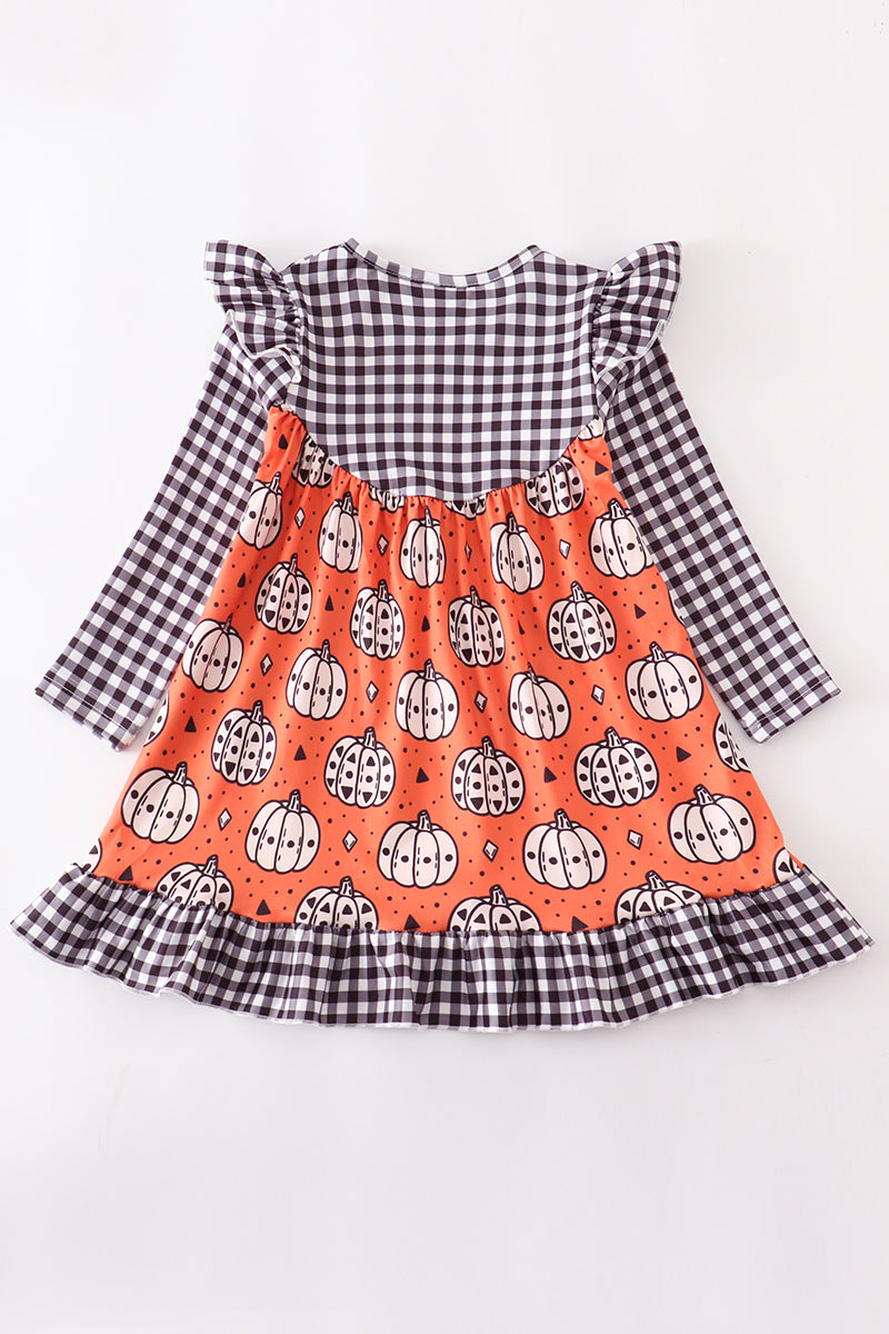 Halloween pumpkin plaid ruffle dress