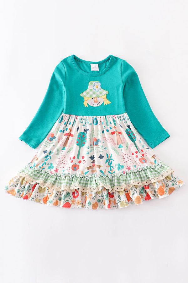 Teal scarecrow applique  floral ruffle dress