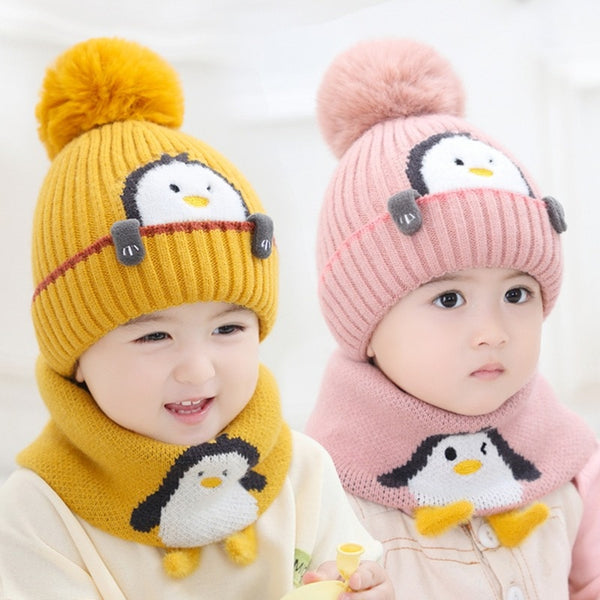 1 To 4 Years Old Baby Kids Beanie Thicken Children Cap Cute Penguin 2 Pcs Boys Girls Winter Villus Hat Scarf Set Photography