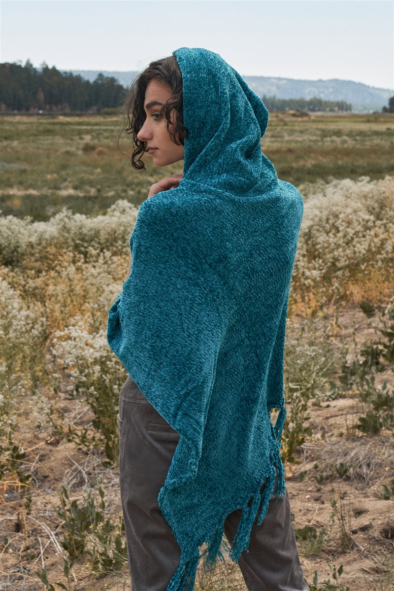 Teal Blue Chenille Knit Tassel Fringe Hooded Poncho