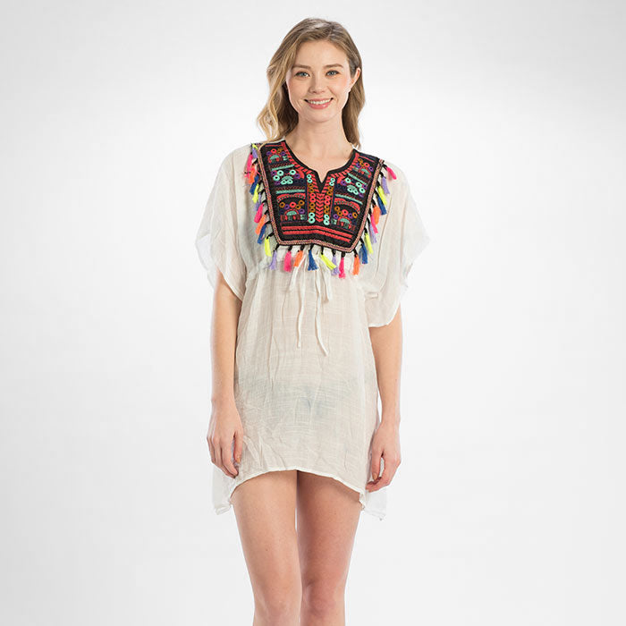 Tribal Embroidery Pattern Tassels Cover Up Poncho