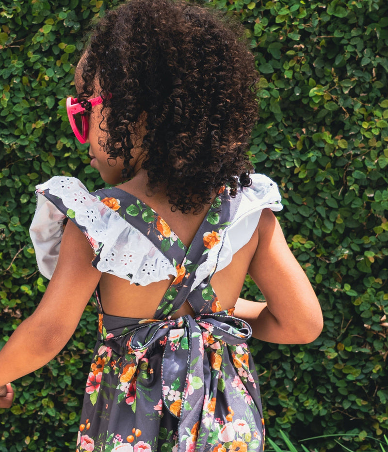 Gray Floral cross Back Dress with LaceHeart