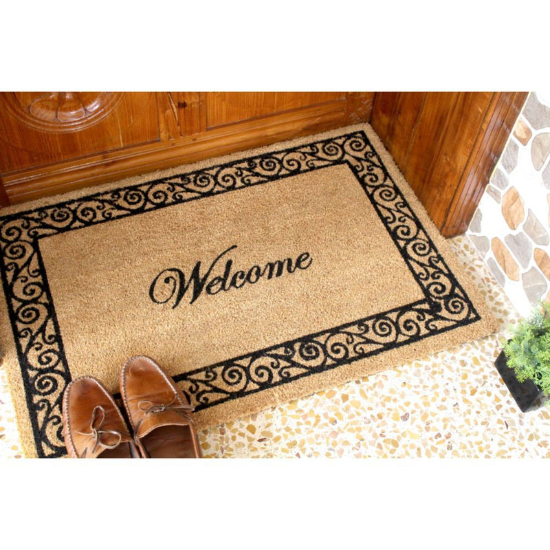 RugSmith Natural Scroll Border Welcome Coir Doormat, 24"x36"Heart