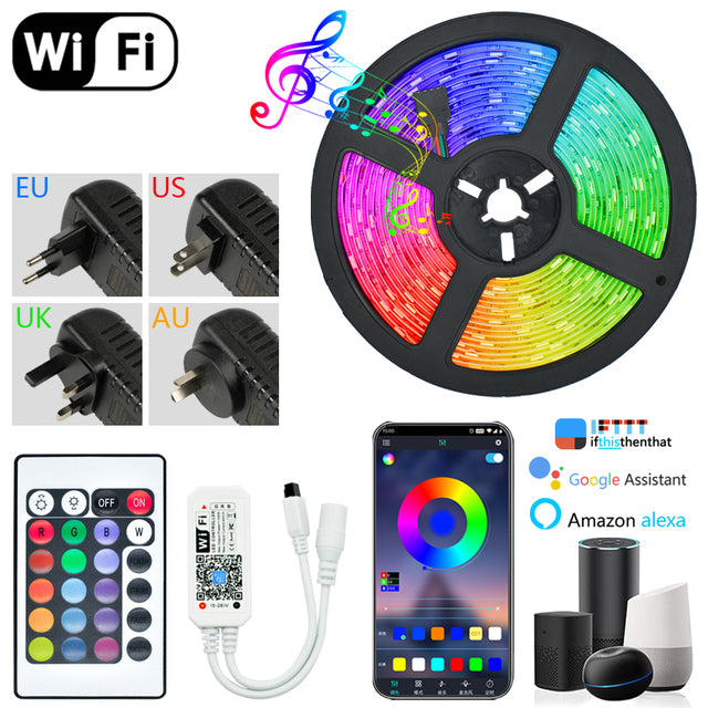 LED Strip Lights RGB 5050 Bluetooth WIFI Control Fita 16.4-65.6 Feet For TV Computer Bedroom Holiday Party Supports Alexa Google