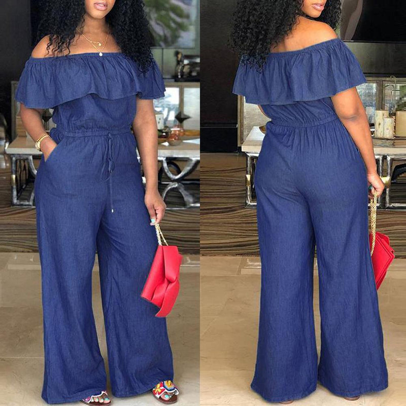 2021 New African Women Denim Jumpsuits Off Shoulder Long Romper Bodysuit Overall Wide Legs Ankara Dashiki Outfit Casual Wears